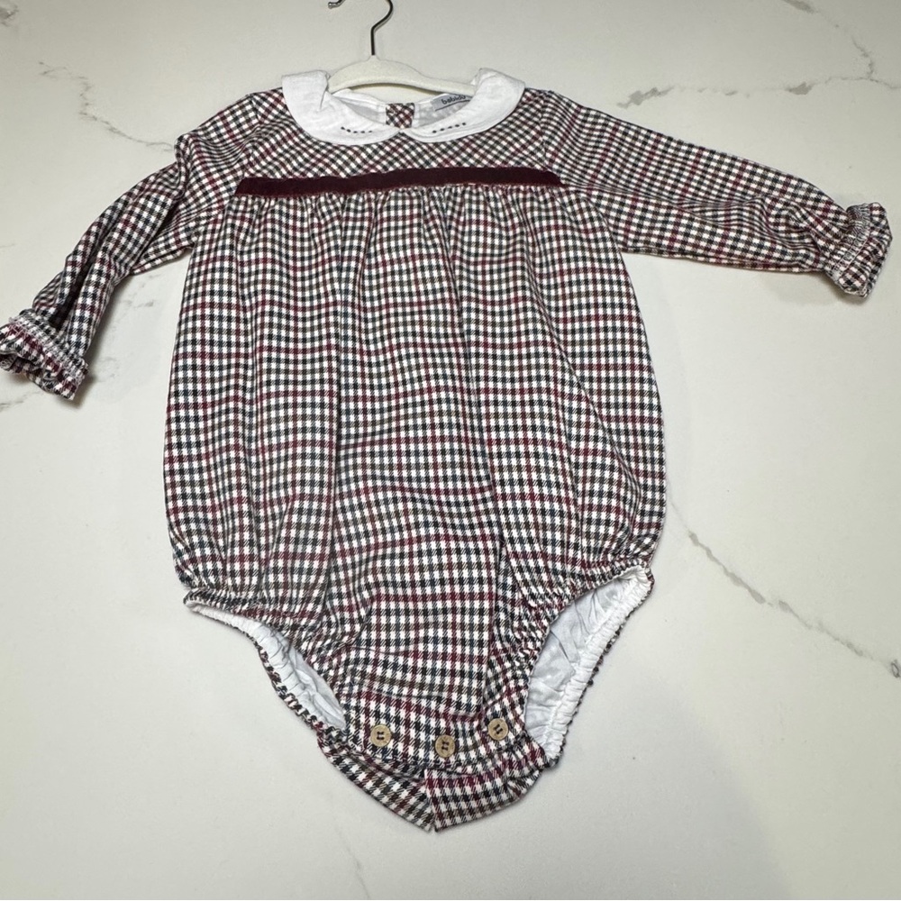 Baby Checked Bubble One-Piece with White Peter Pan Collar - Burgundy & Cream